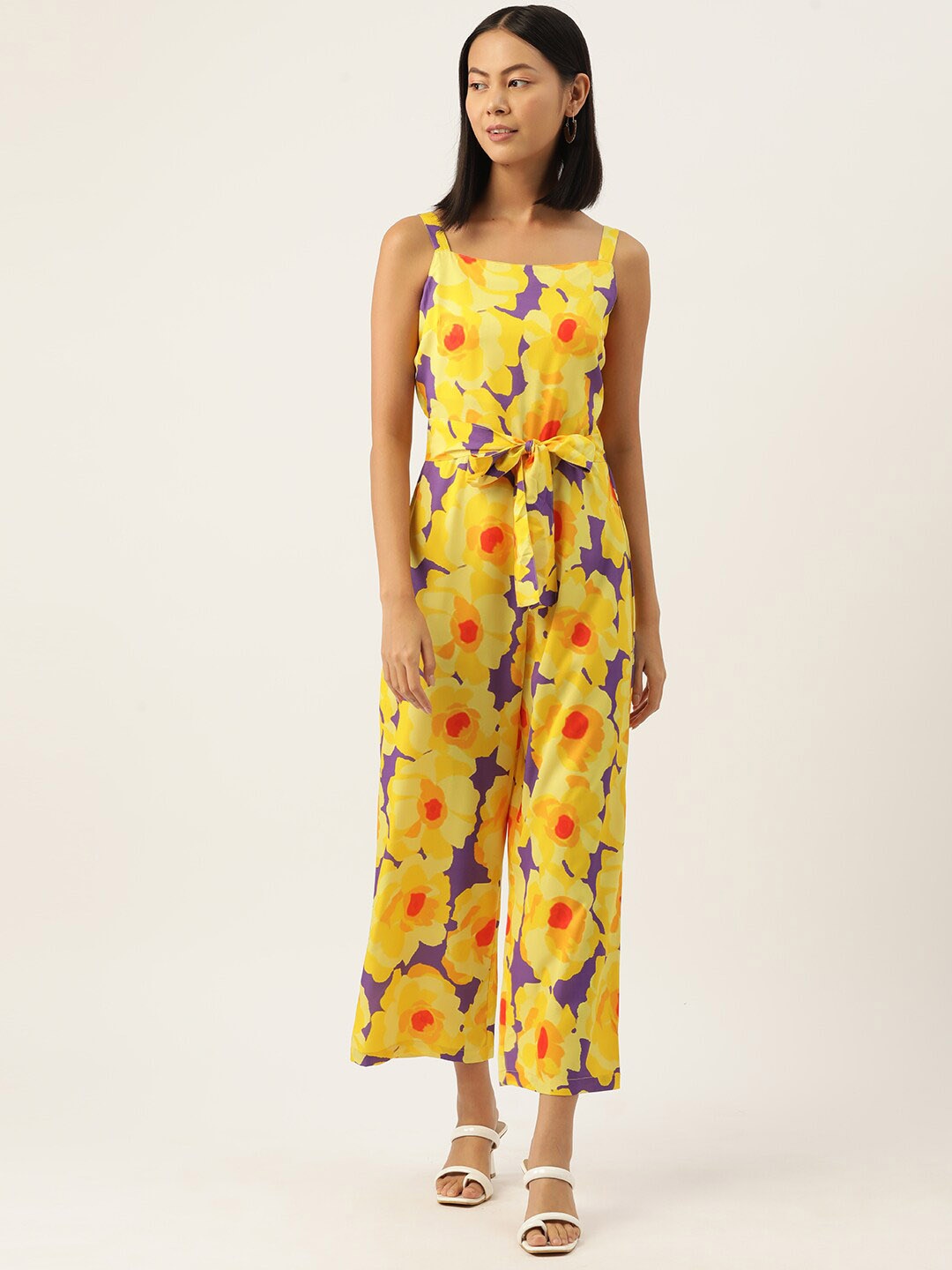 

Sleek Italia Floral Printed Shoulder Straps Waist Tie-Ups Basic Jumpsuit, Yellow
