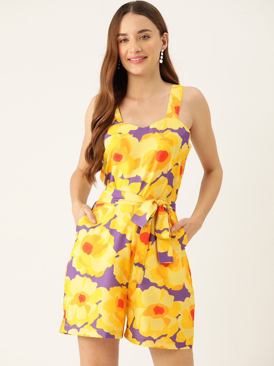

Sleek Italia Floral Printed Shoulder Strap Waist Tie-Ups Playsuit, Purple