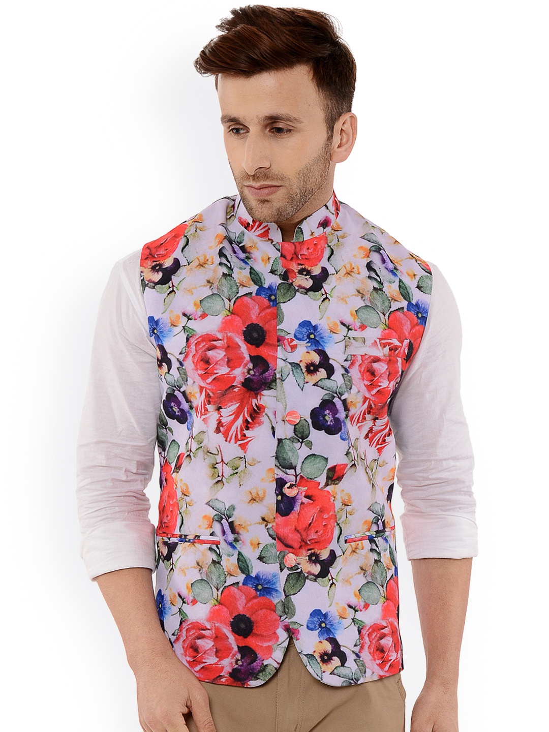 

Hangup Men Multicolored Printed Waist Coat, Off white