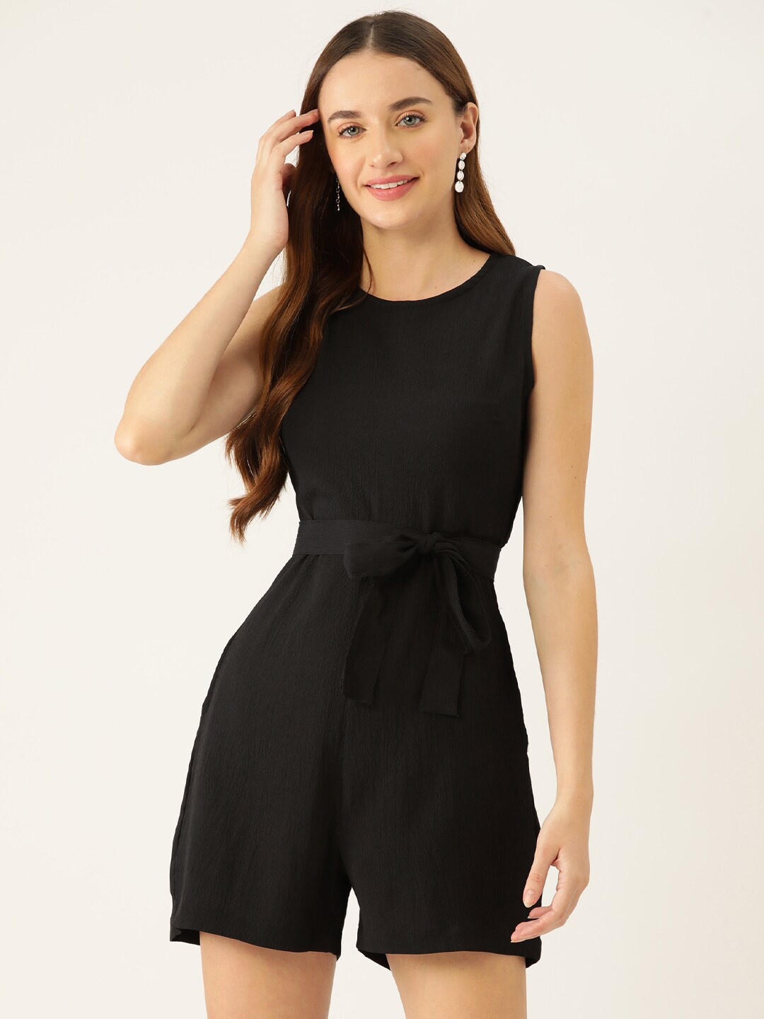 

Sleek Italia Round Neck Waist Tie-Ups Playsuit, Black