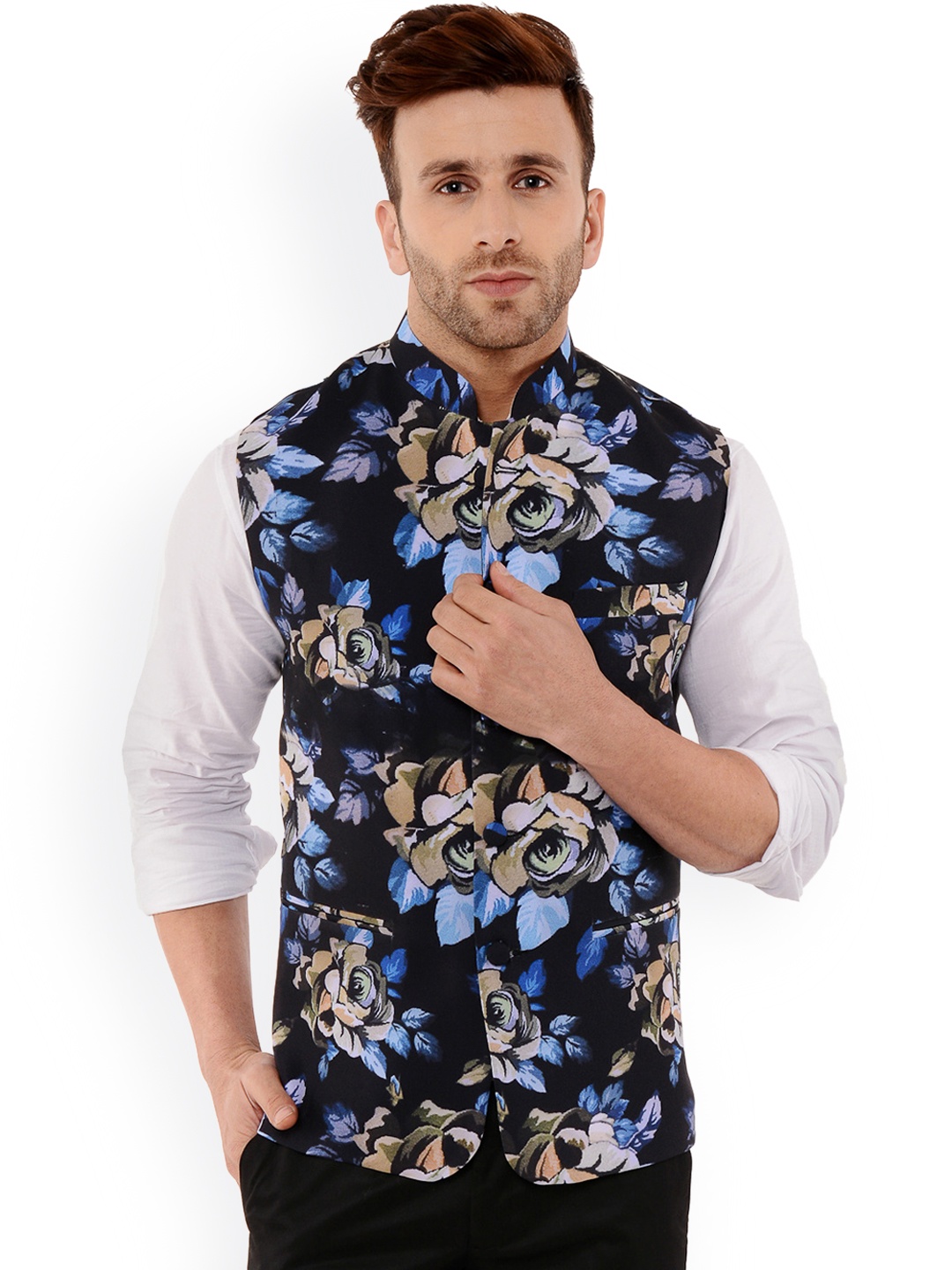 

Hangup Men Navy Blue Printed Waist Coat