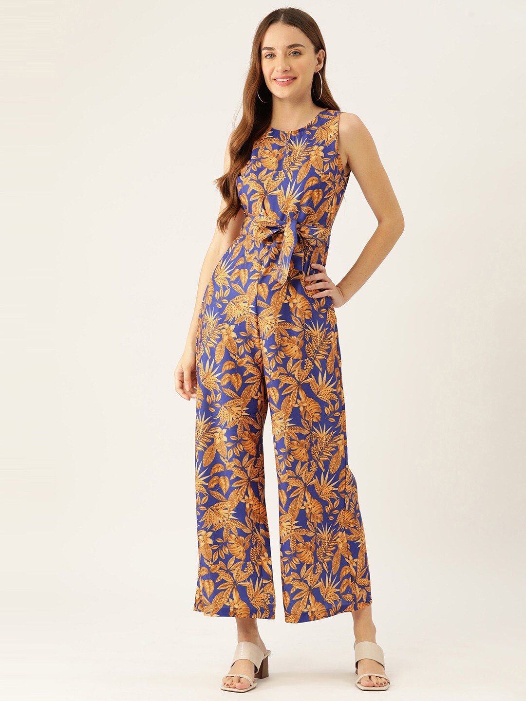 

Sleek Italia Tropical Printed Sleeveless Waist Tie-Ups Basic Jumpsuit, Blue