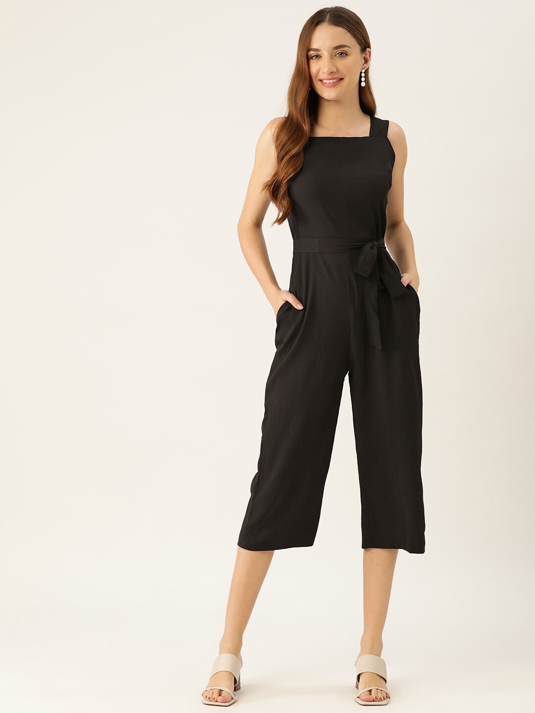 

Sleek Italia Waist Tie-Ups Capri Jumpsuit, Black