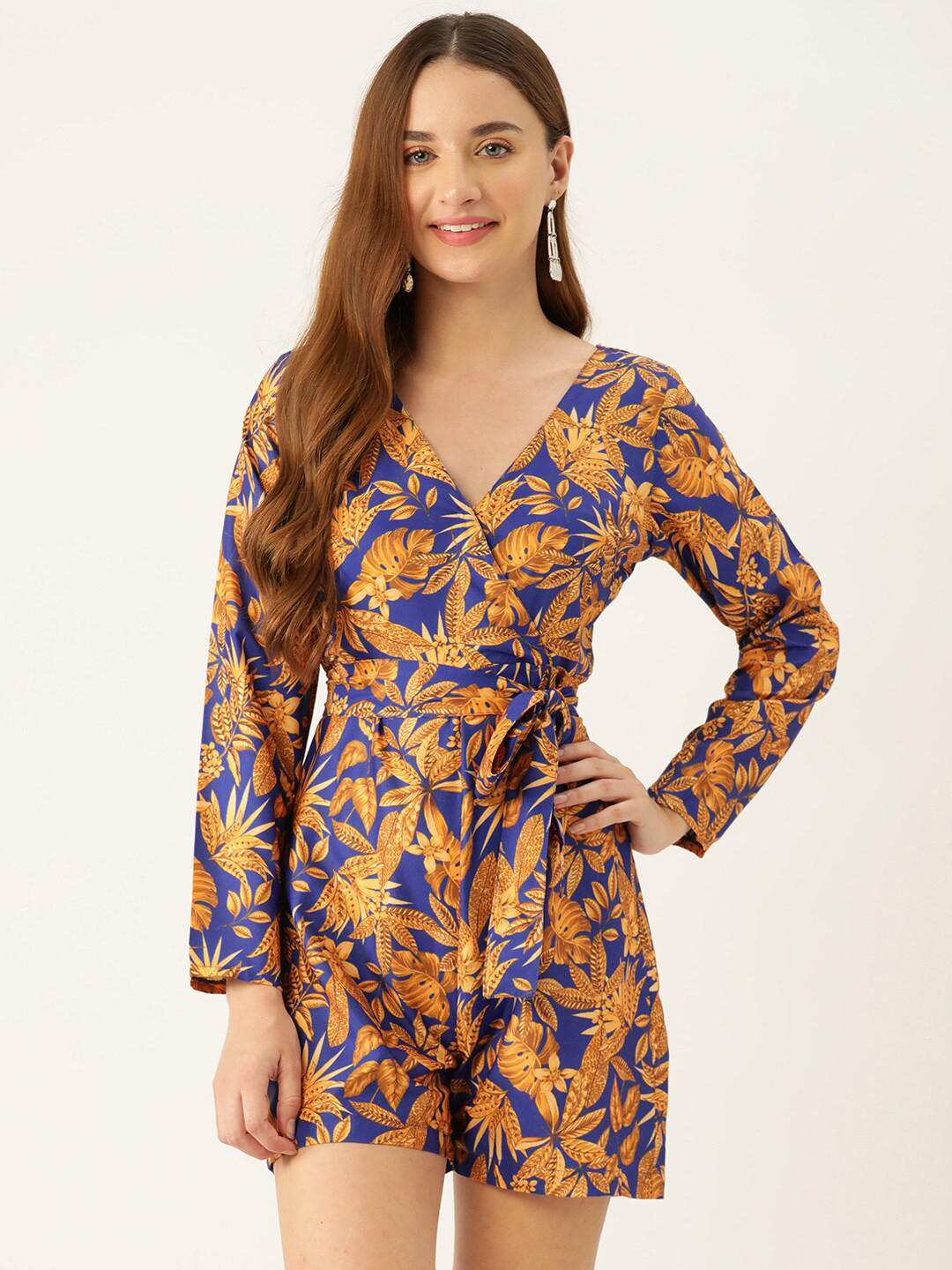 

Sleek Italia Tropical Printed Long Sleeves Waist Tie-Ups Playsuit, Blue