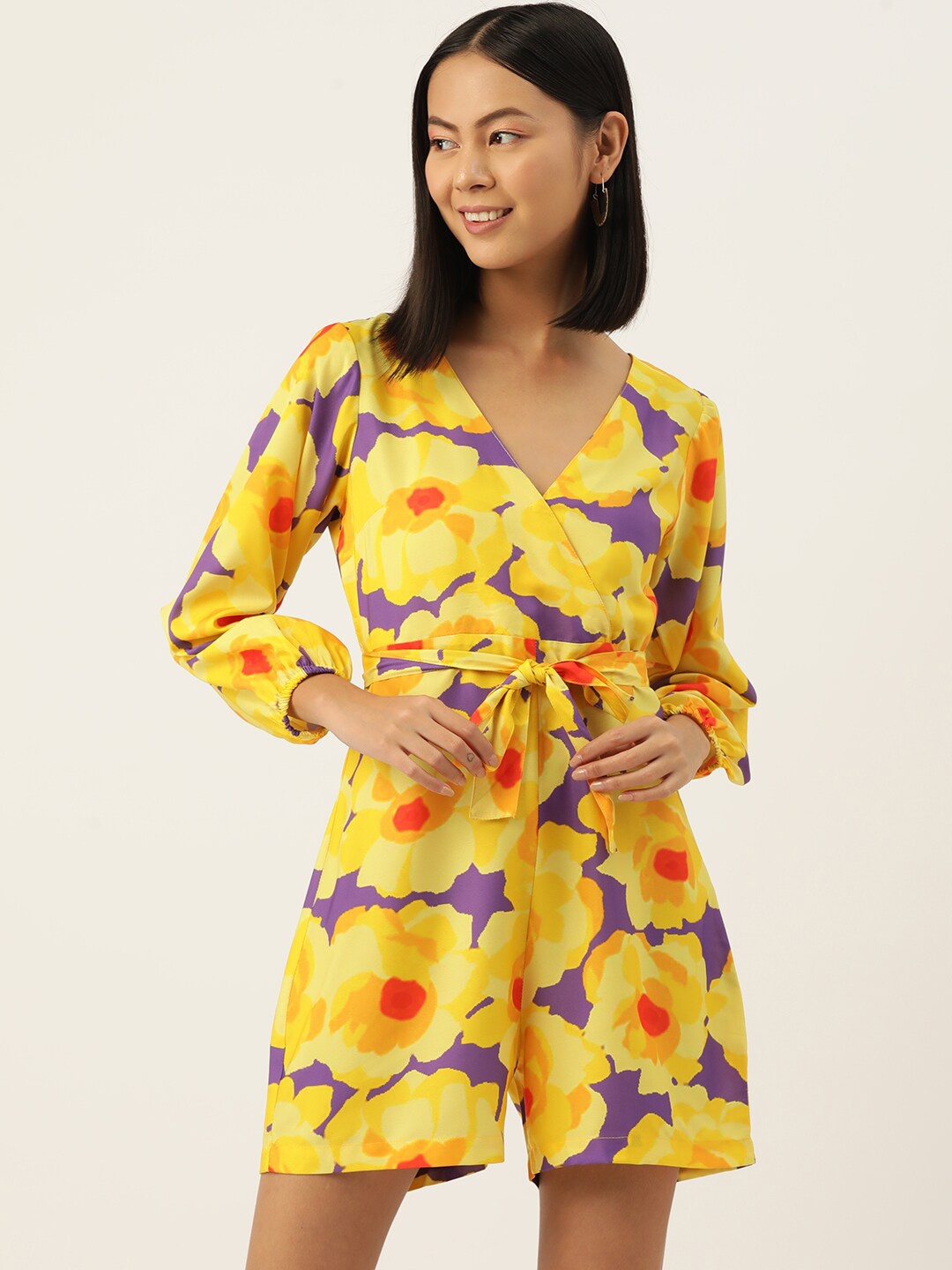 

Sleek Italia Floral Printed Long Sleeves Waist Tie-Ups Playsuit, Yellow