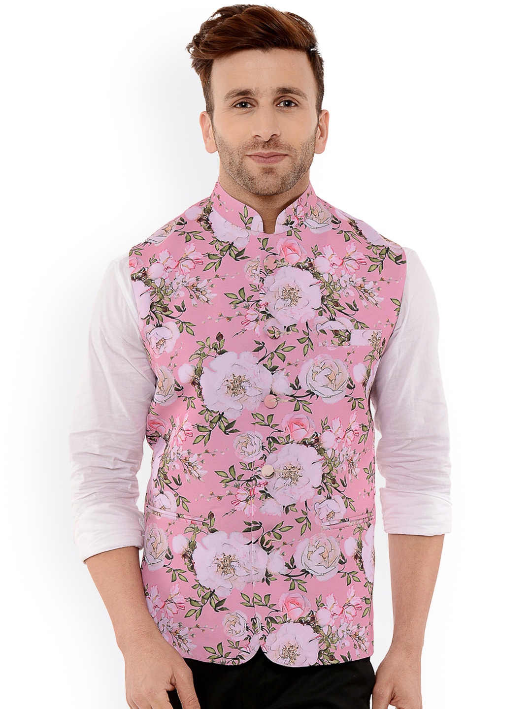 

Hangup Men Pink Printed Waist Coat, Blue