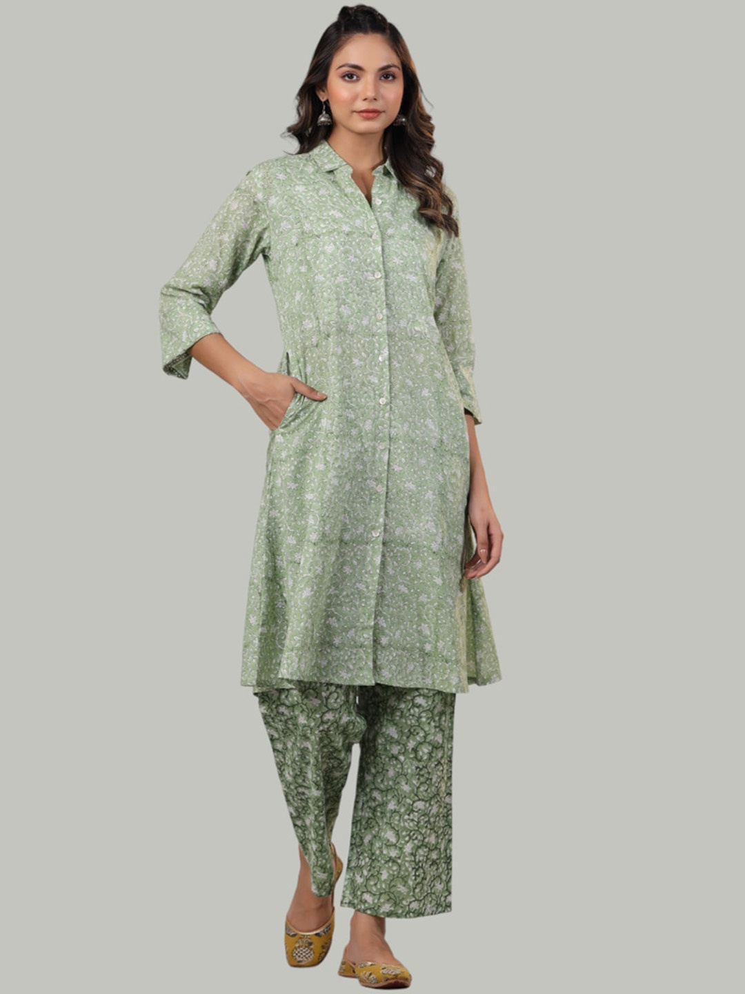 

Shuddhi Printed Pure Cotton Co-Ords With Shrug, Green