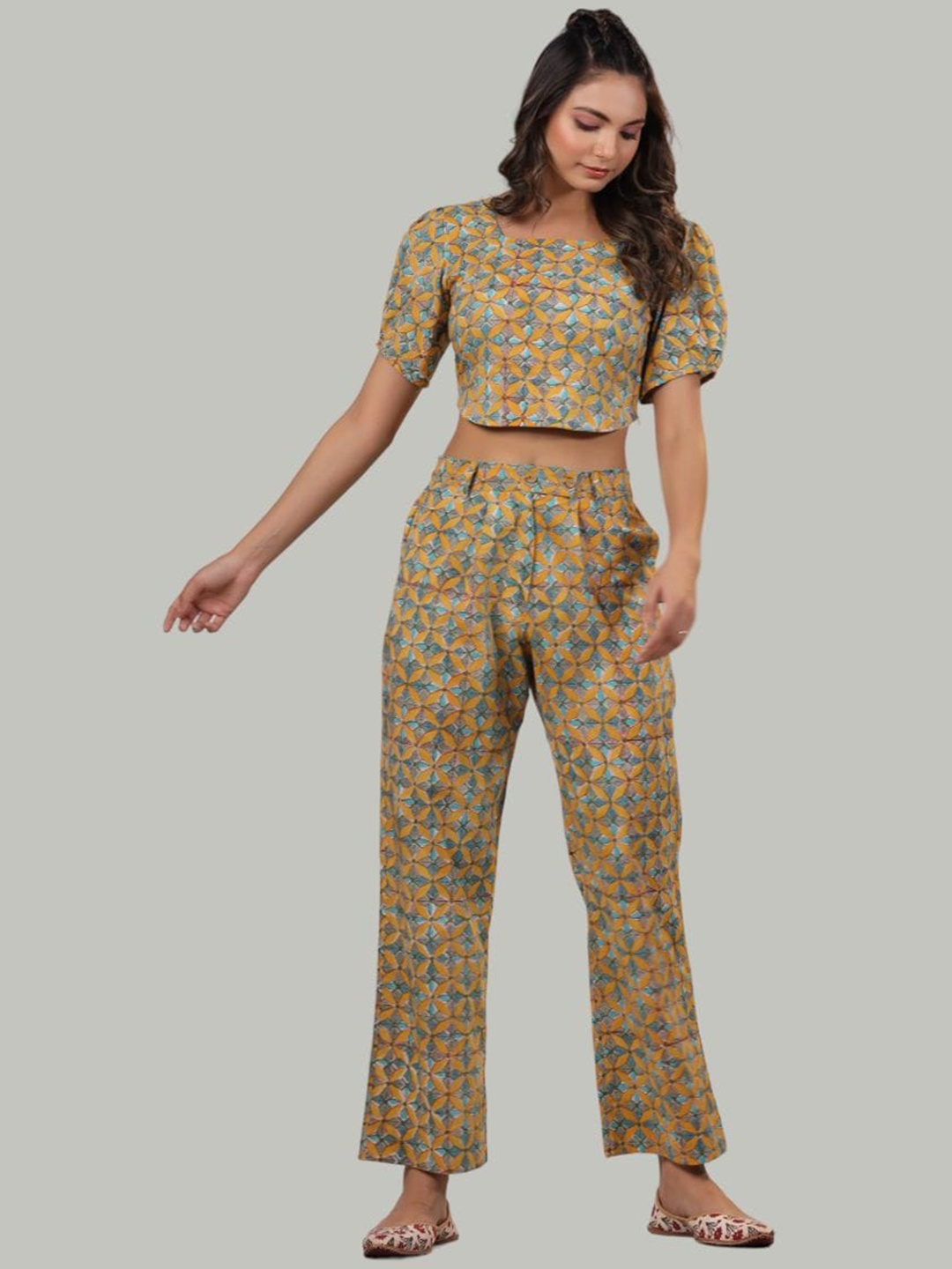 

Shuddhi Printed Pure Cotton Crop Top & Trousers Co-Ords, Mustard