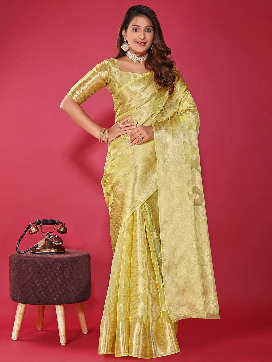 

Mitera Woven Design Zari Detailed Organza Saree, Lime green