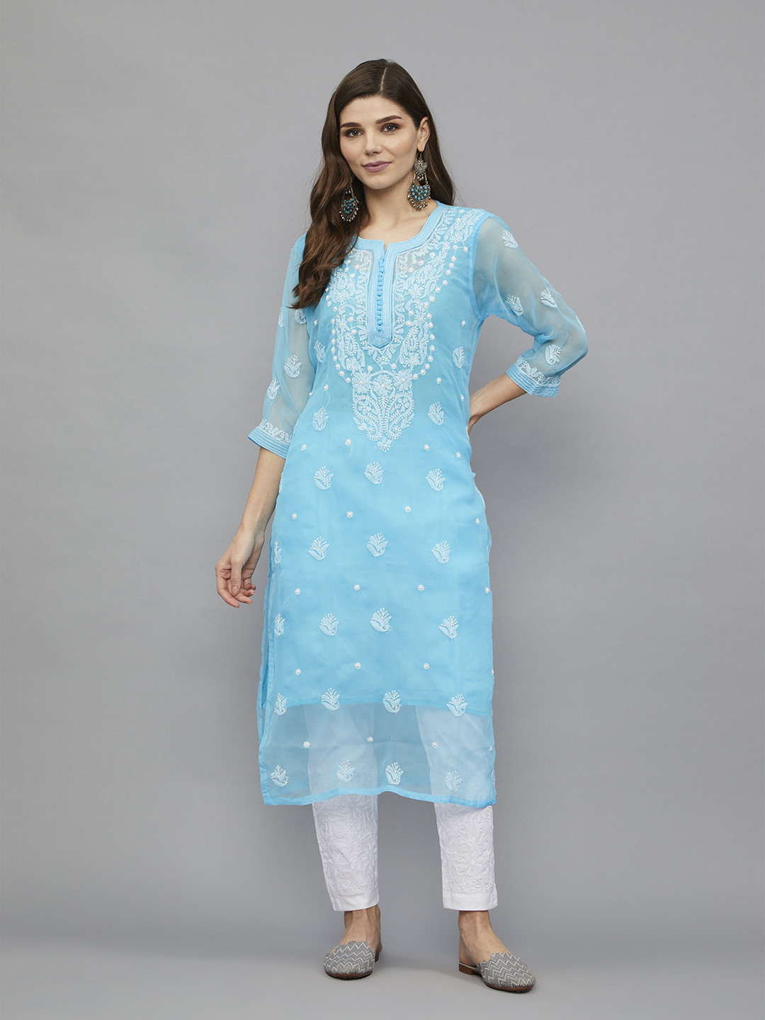 

Ethnava Ethnic Motifs Embroidered Chikankari Georgette Kurta, Turquoise blue