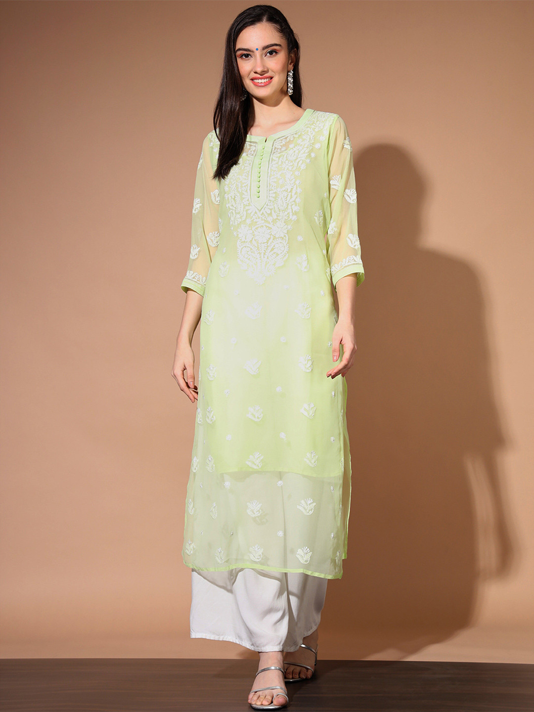 

Ethnava Ethnic Motifs Embroidered Chikankari Georgette Kurta, Green
