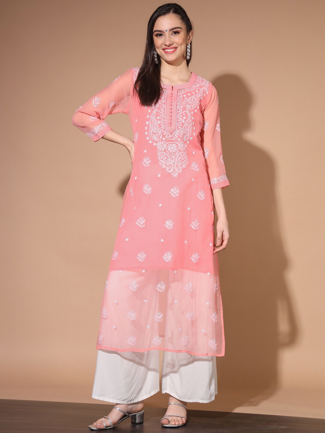 

Ethnava Ethnic Motifs Embroidered Chikankari Georgette Kurta, Peach