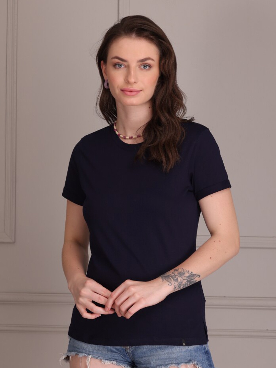 

TITTLI Round Neck Pure Cotton Casual T-shirt, Navy blue