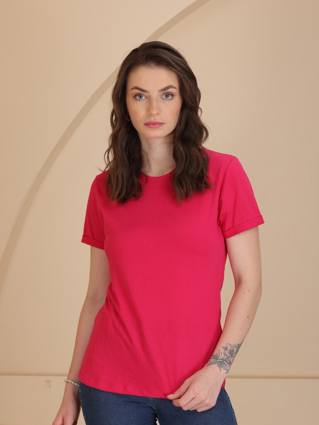 

TITTLI Round Neck Pure Cotton Casual T-shirt, Pink