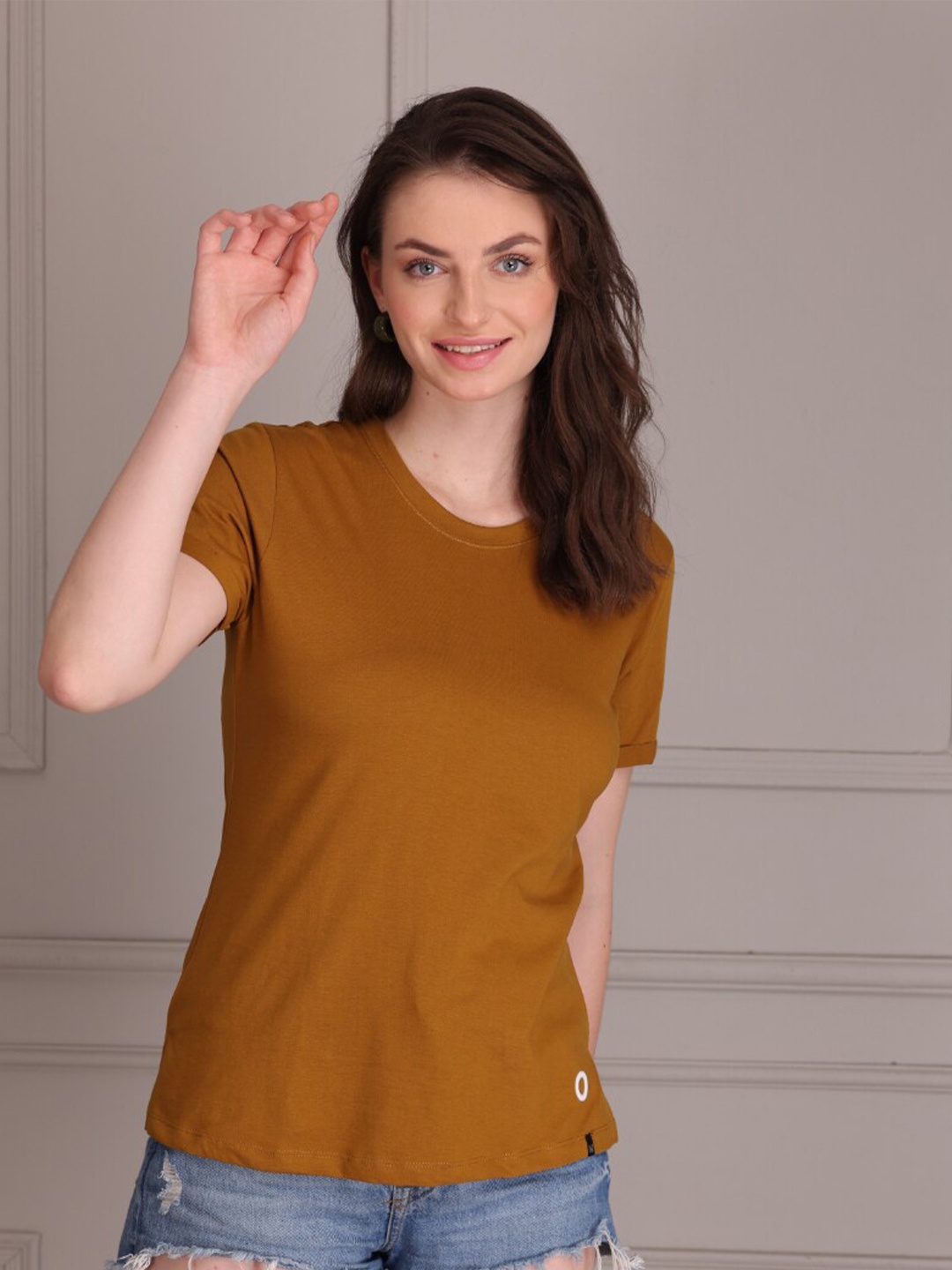 

TITTLI Round Neck Pure Cotton Casual T-shirt, Brown