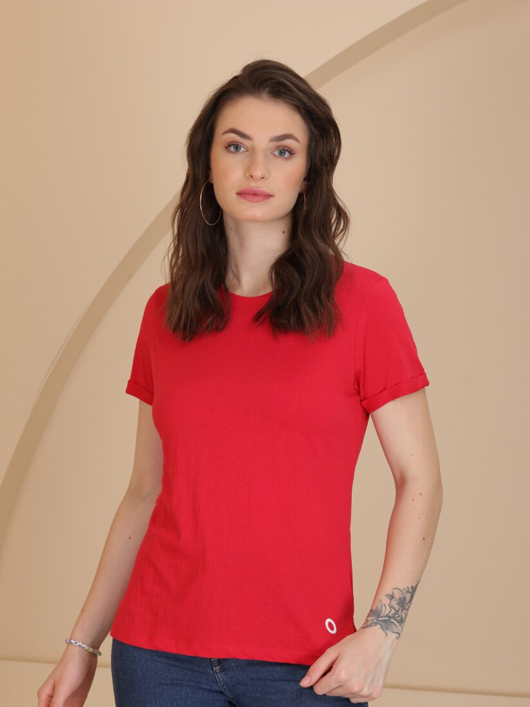 

TITTLI Round Neck Pure Cotton Casual T-shirt, Red