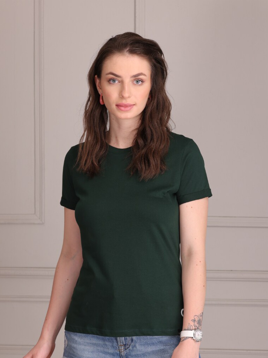 

TITTLI Alina Pure Cotton Turn-Up Sleeve T-Shirt, Green