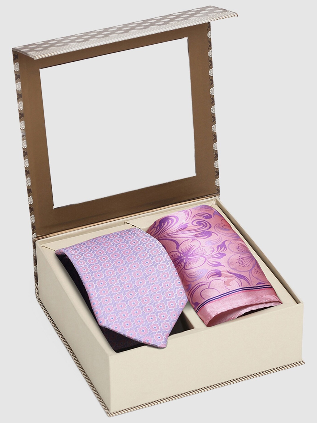 

Blackberrys Printed Tie With Pocket Square, Pink