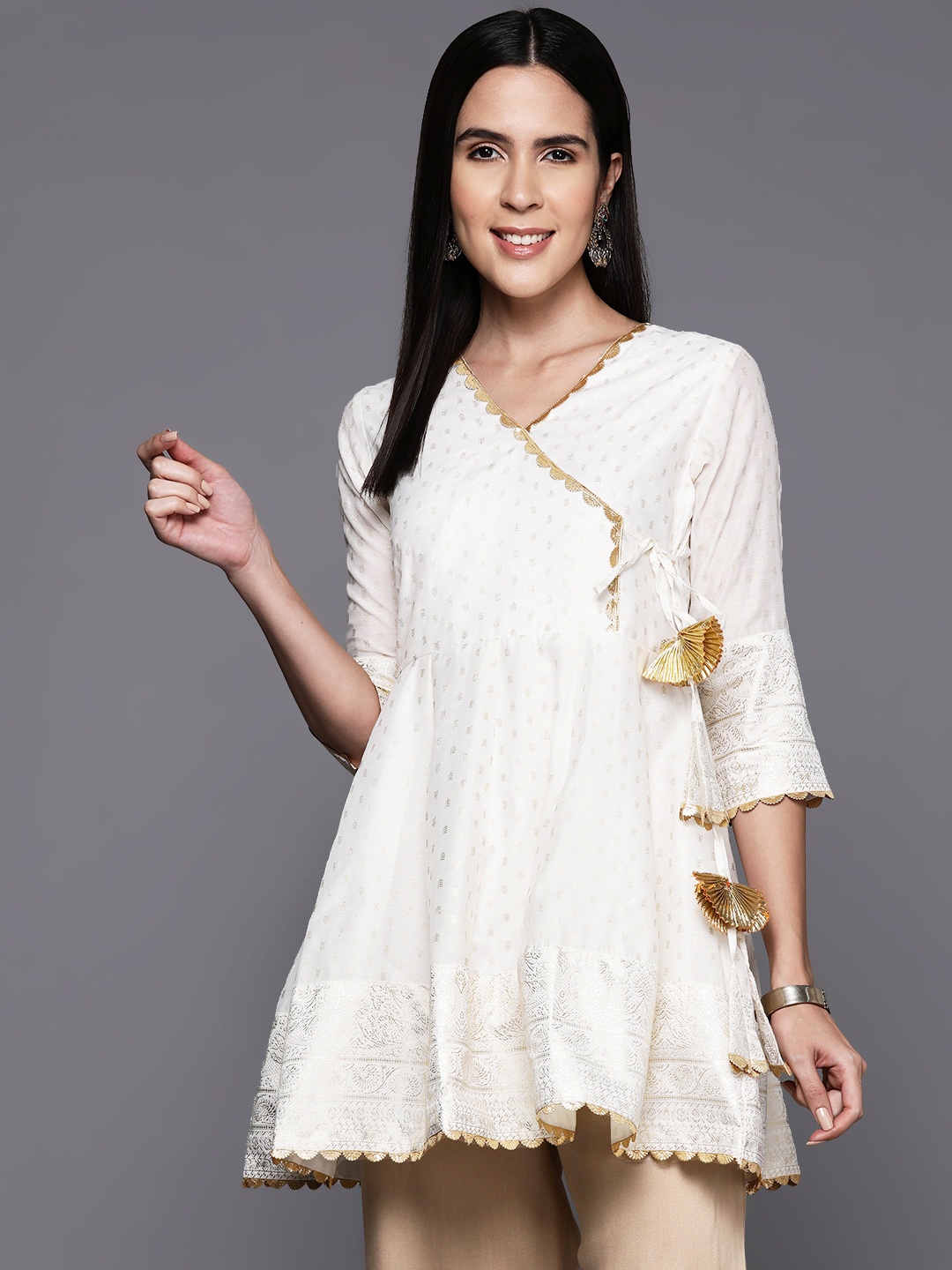 

Ahalyaa Printed Chanderi Ethnic Kurti with Gotta Patti, Off white