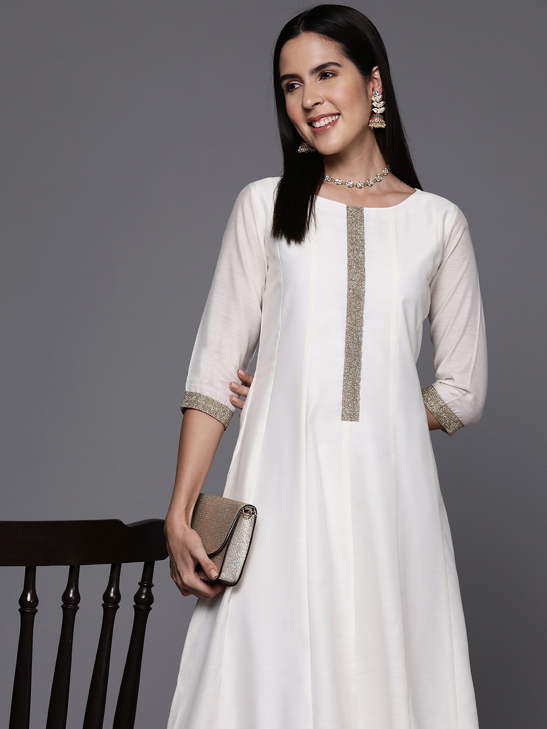 

Ahalyaa Solid Zari A-Line Midi Ethnic Dress, Off white