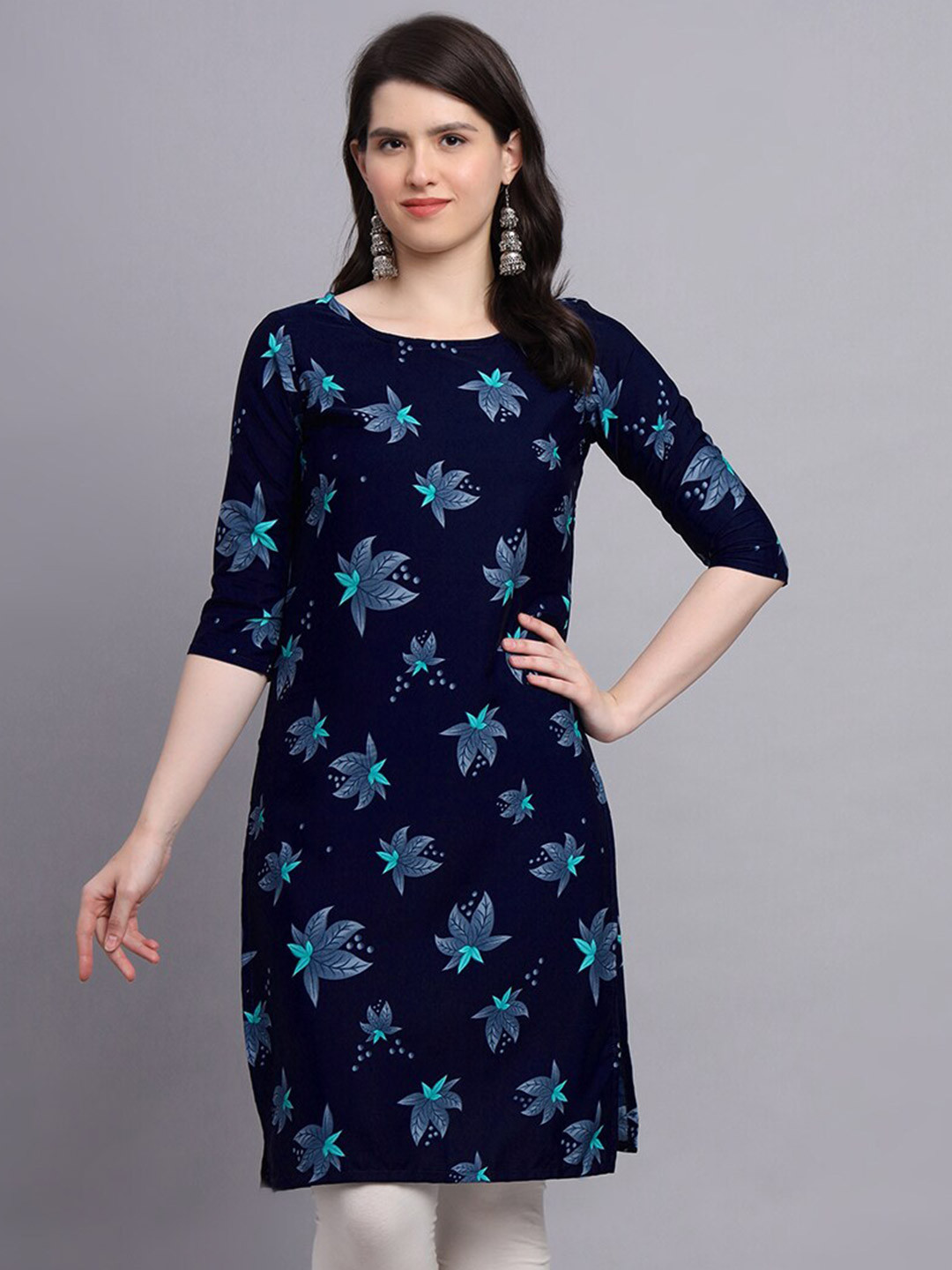 

Kiwie Floral Printed Straight Kurti, Navy blue