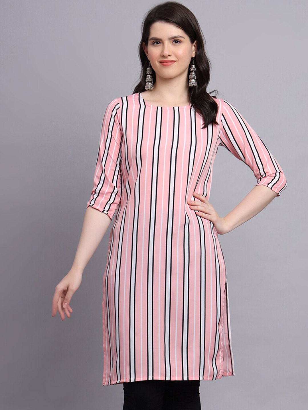 

Kiwie Striped Printed Straight Kurta, Pink