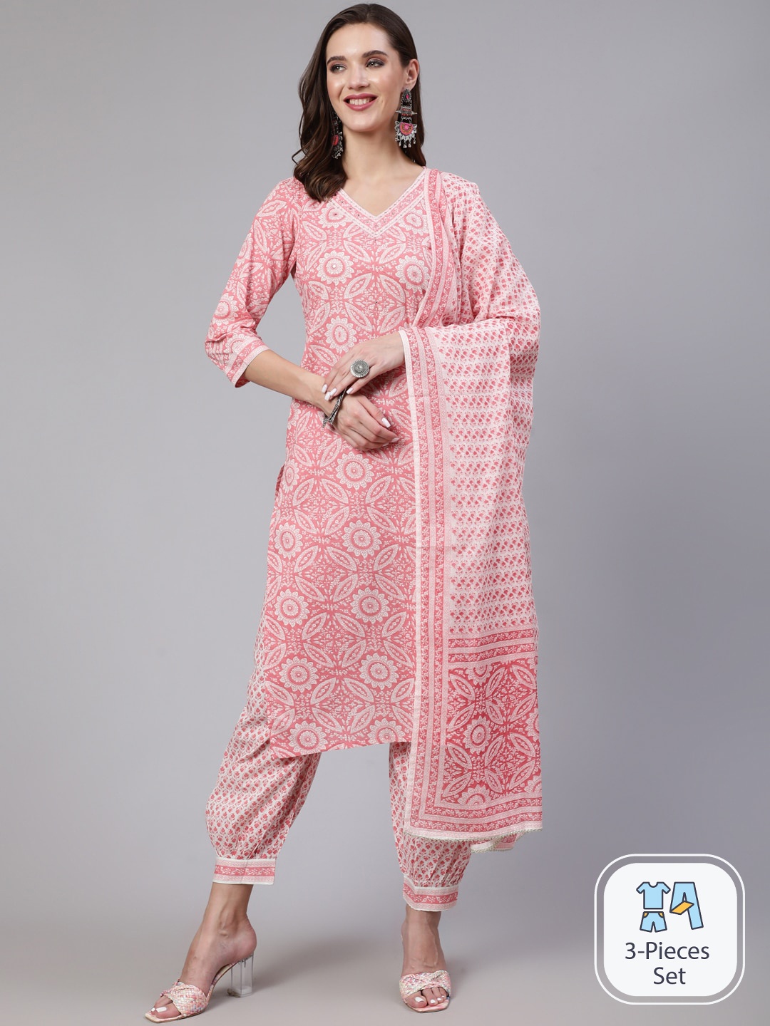 

SAABHI Floral Printed Regular Sequinned Pure Cotton Kurta With Trousers & Dupatta, Peach