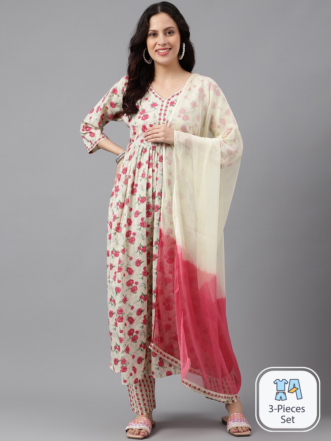 

SAABHI Floral Printed Empire Pure Cotton Kurta With Trousers & Dupatta, Cream