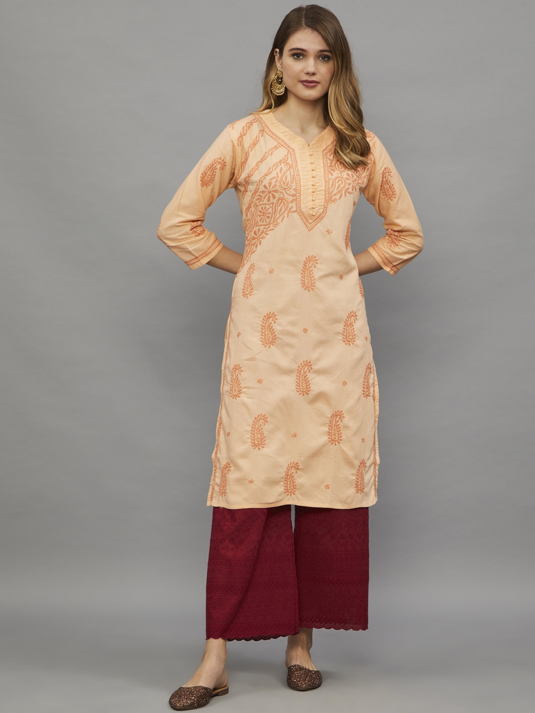 

Ethnava Ethnic Motifs Printed Thread Work Pure Cotton Kurta, Peach