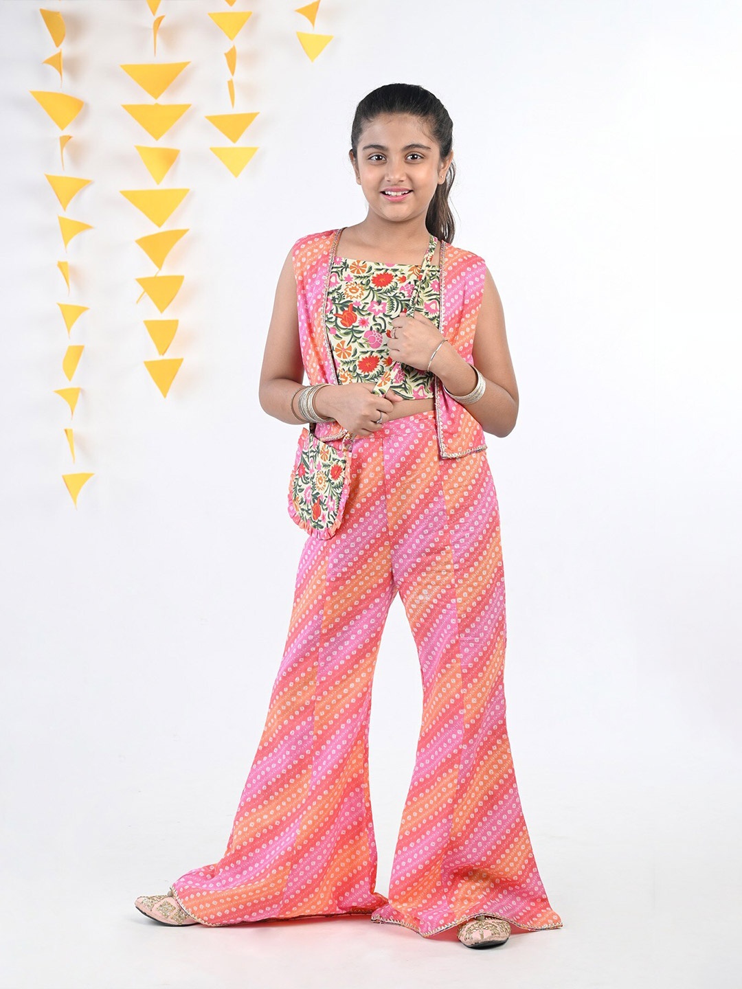 

Budding Bees Printed Pure Cotton Top with Palazzos & waist Coat, Pink
