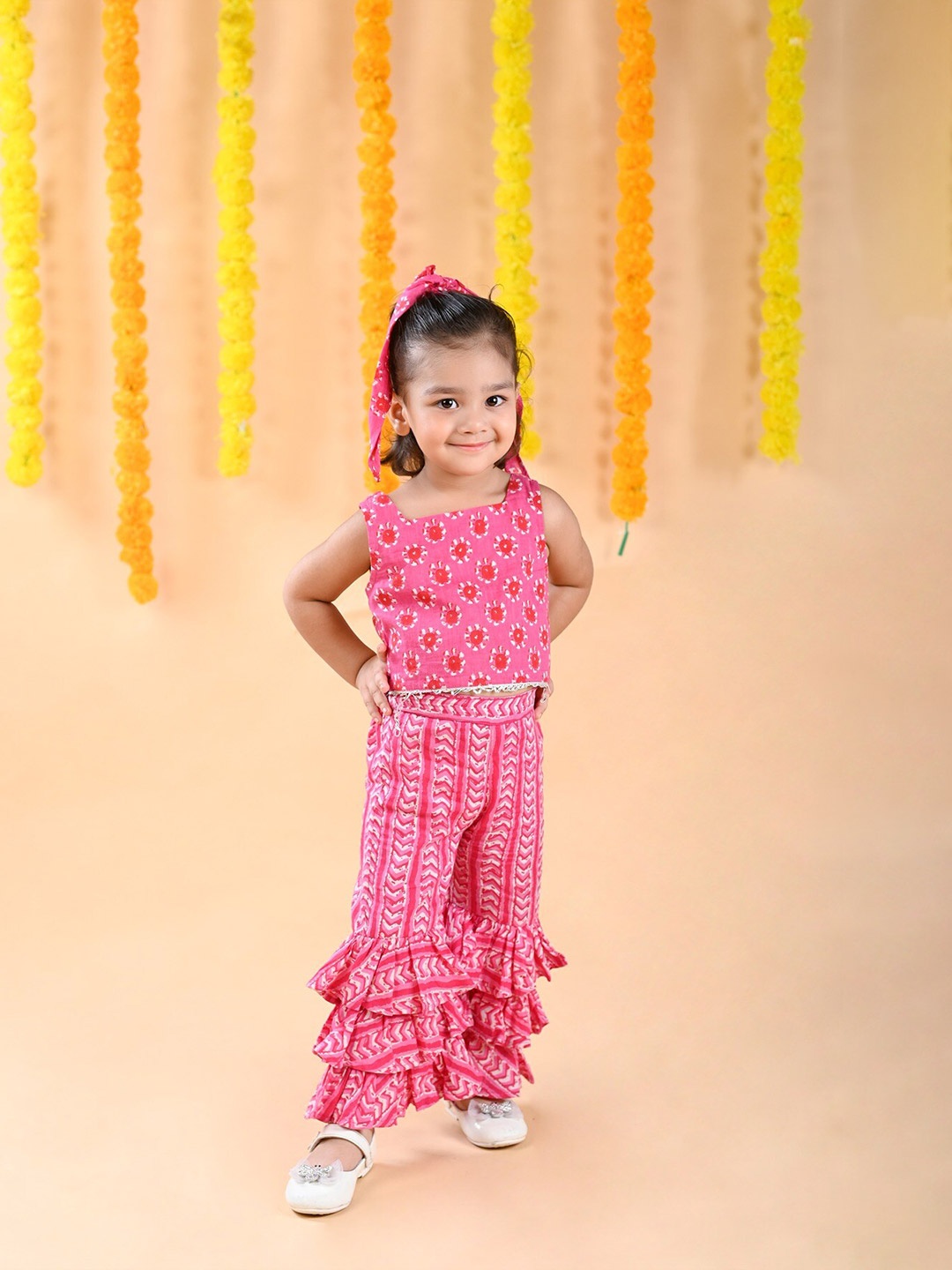 

Budding Bees Girls Printed Pure Cotton Top with Palazzos, Pink
