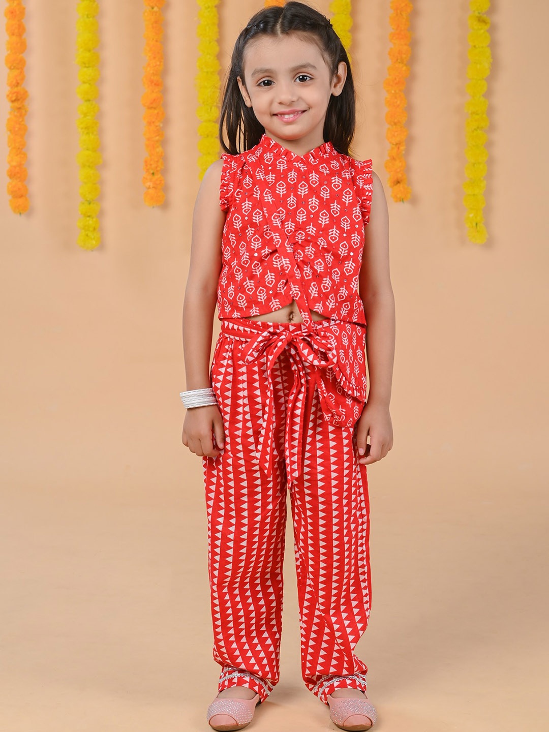 

Budding Bees Girls Printed Sleeveless Pure Cotton Top With Palazzos, Red