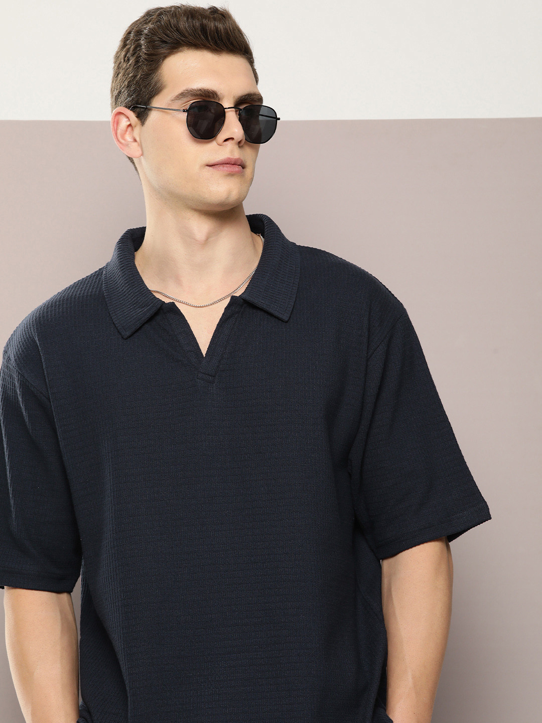 

DILLINGER Men Waffle Structure Self Design Oversized Polo Collar T-shirt, Navy blue