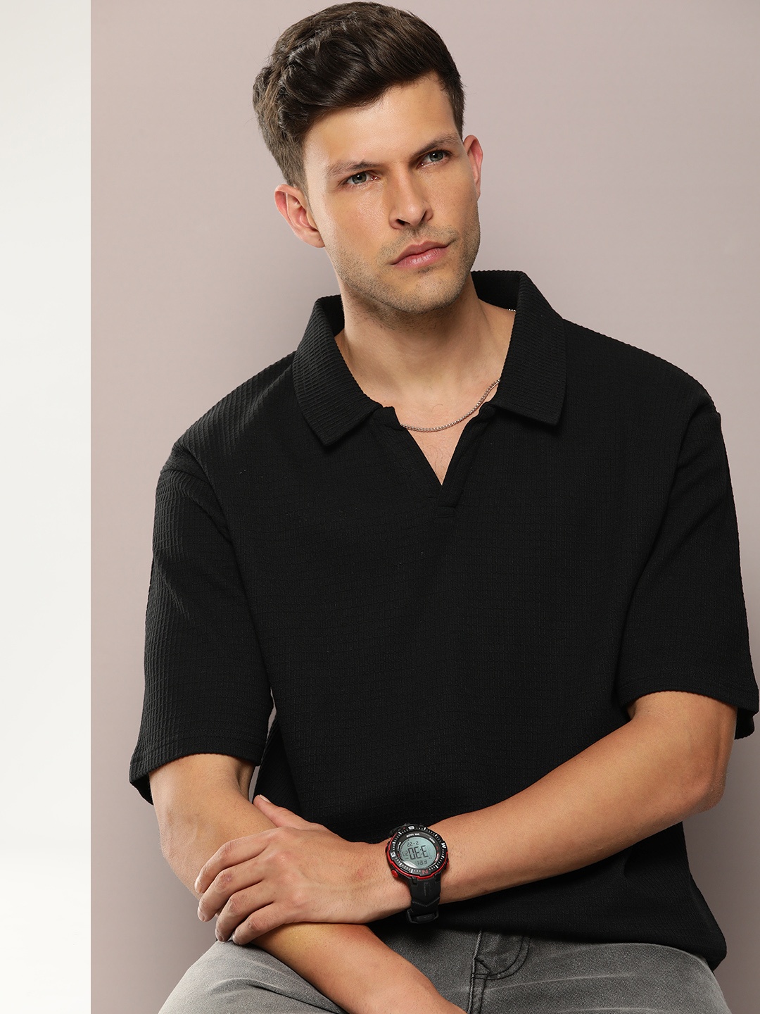 

DILLINGER Men Waffle Structure Self Design Oversized Polo Collar T-shirt, Black