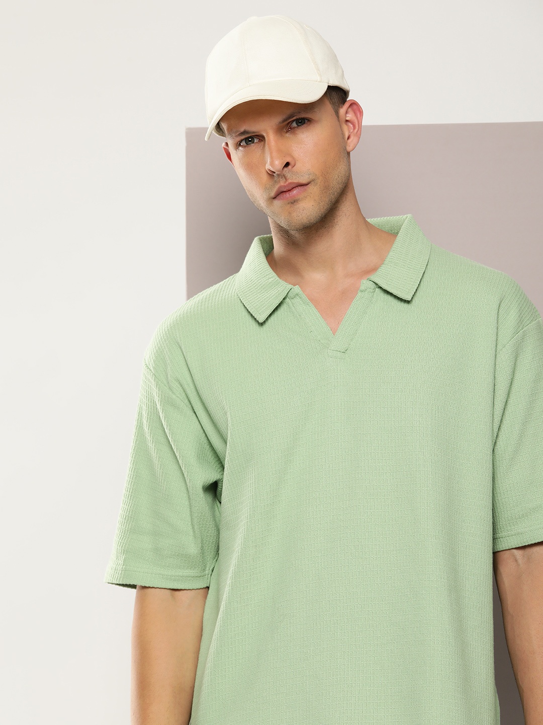 

DILLINGER Men Waffle Structure Self Design Oversized Polo Collar T-shirt, Green