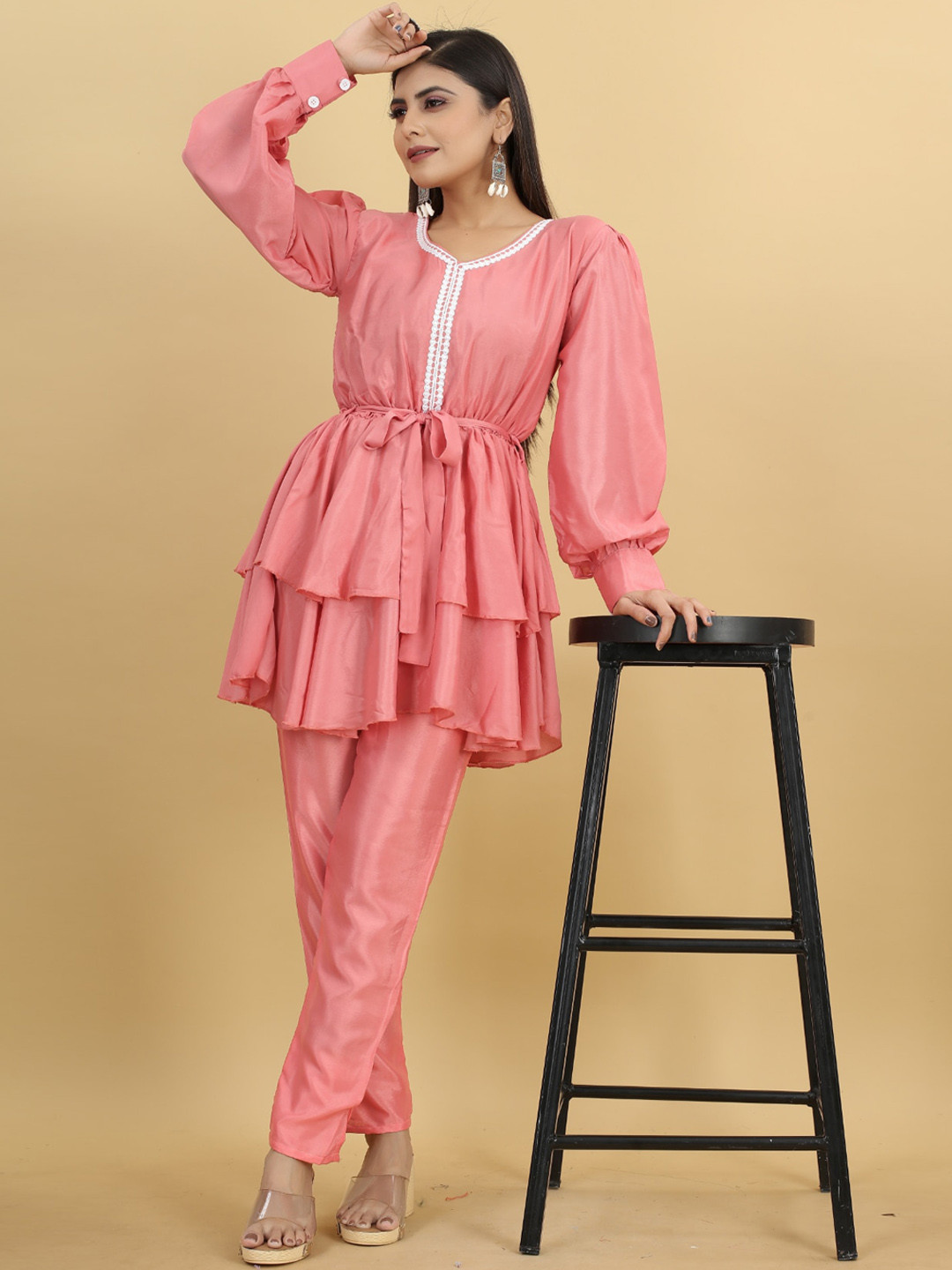 

Angroop V-Neck Long Sleeve Ruffled Tunic With Trousers, Pink