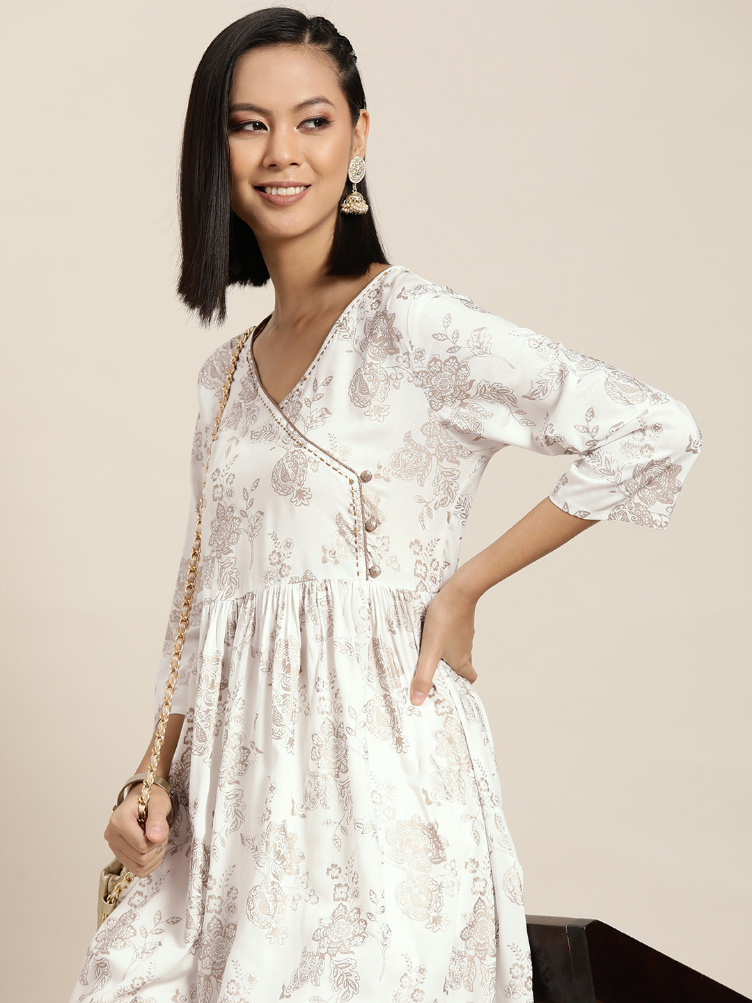 

HERE&NOW Women Floral Printed Kantha Work Kurta, White