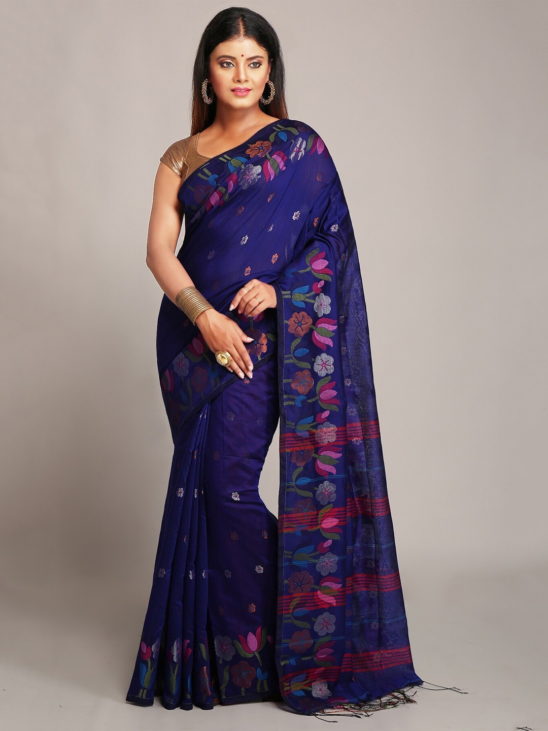

WoodenTant Floral Woven Design Silk Cotton Saree, Blue
