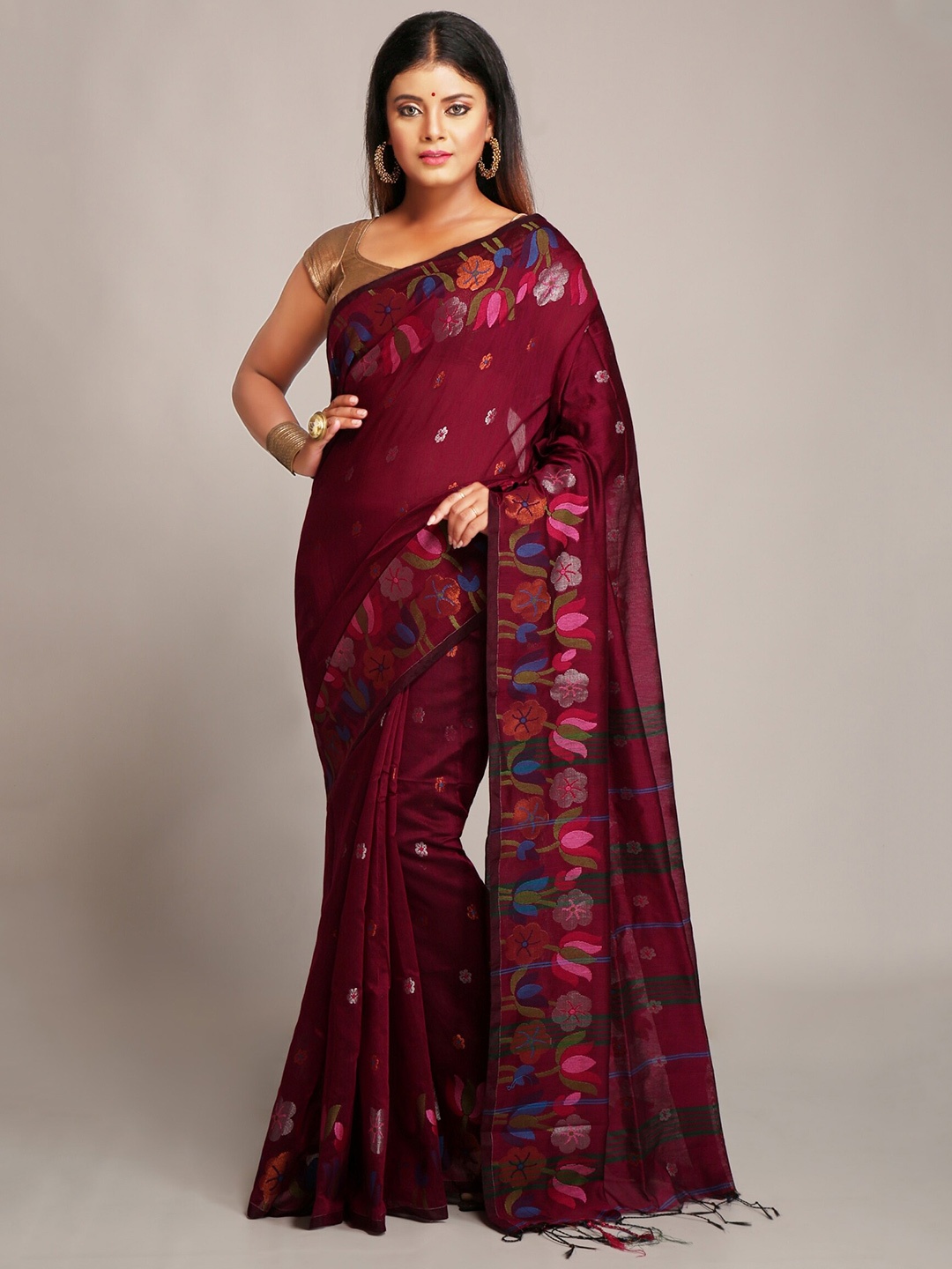 

WoodenTant Floral Woven Design Zari Silk Cotton Saree, Purple