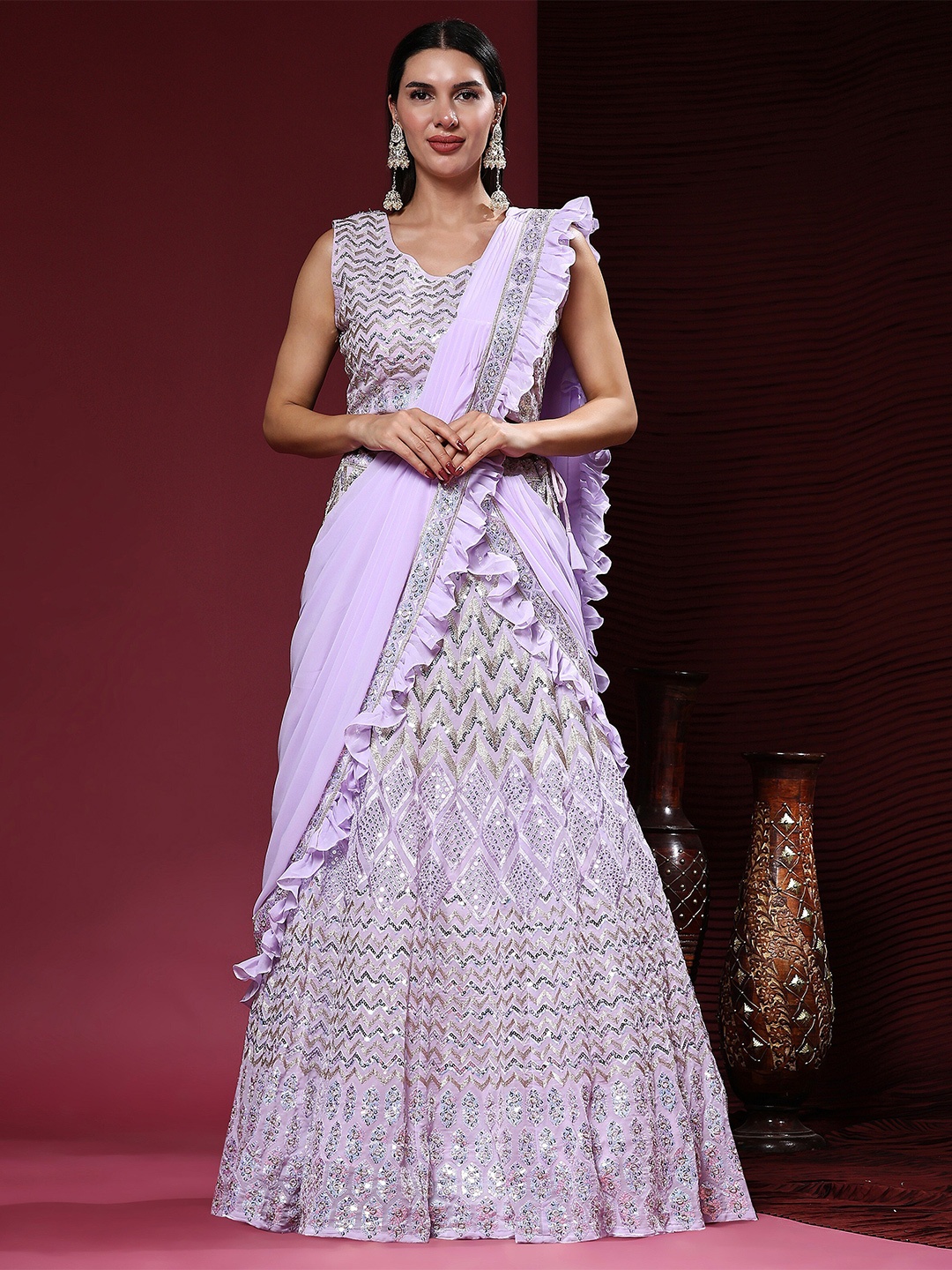 

all about you Embroidered Sequinned Ready to Wear Lehenga & Blouse With Dupatta, Lavender
