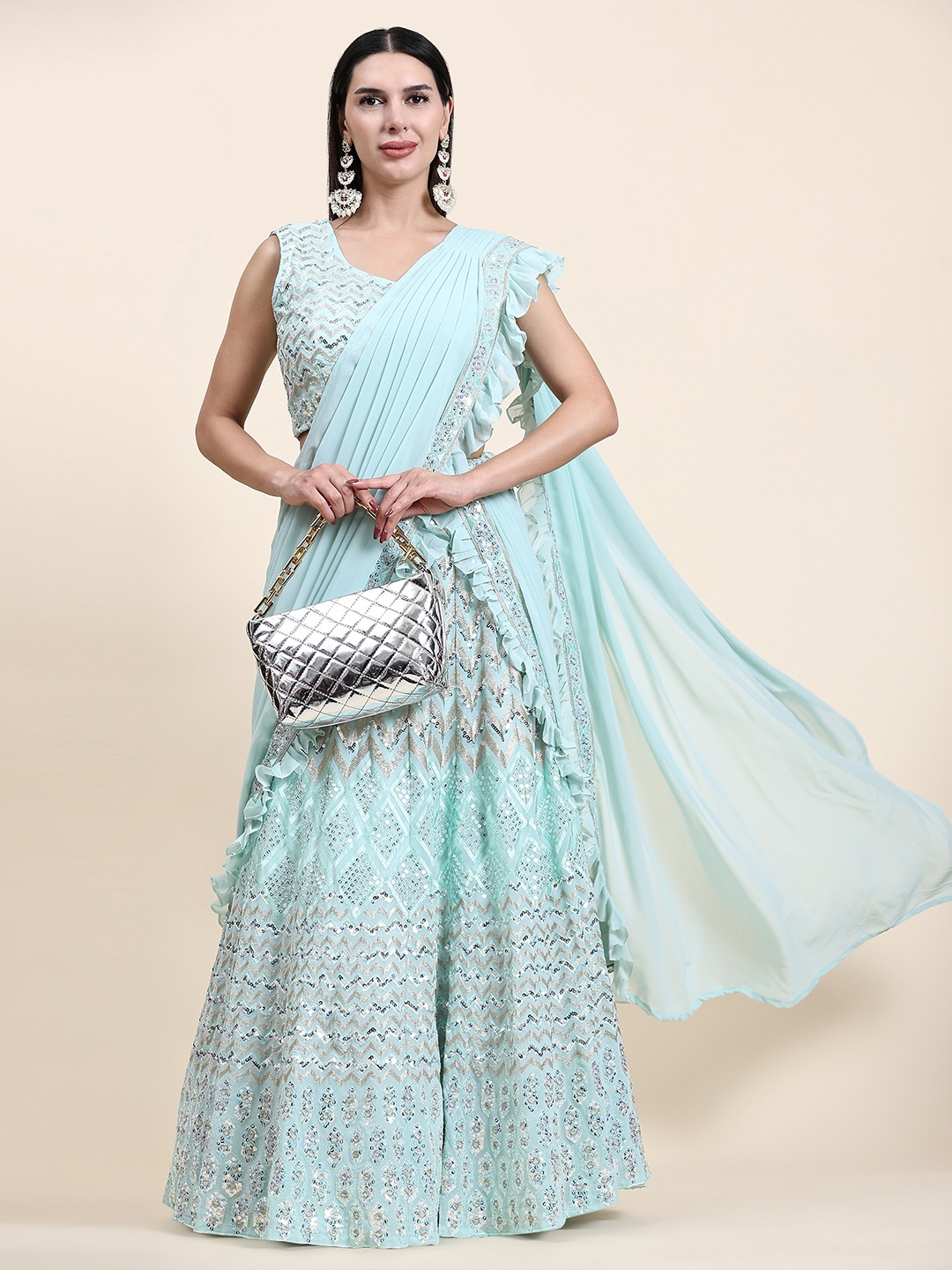 

all about you Embroidered Sequinned Ready to Wear Lehenga & Blouse With Dupatta, Blue