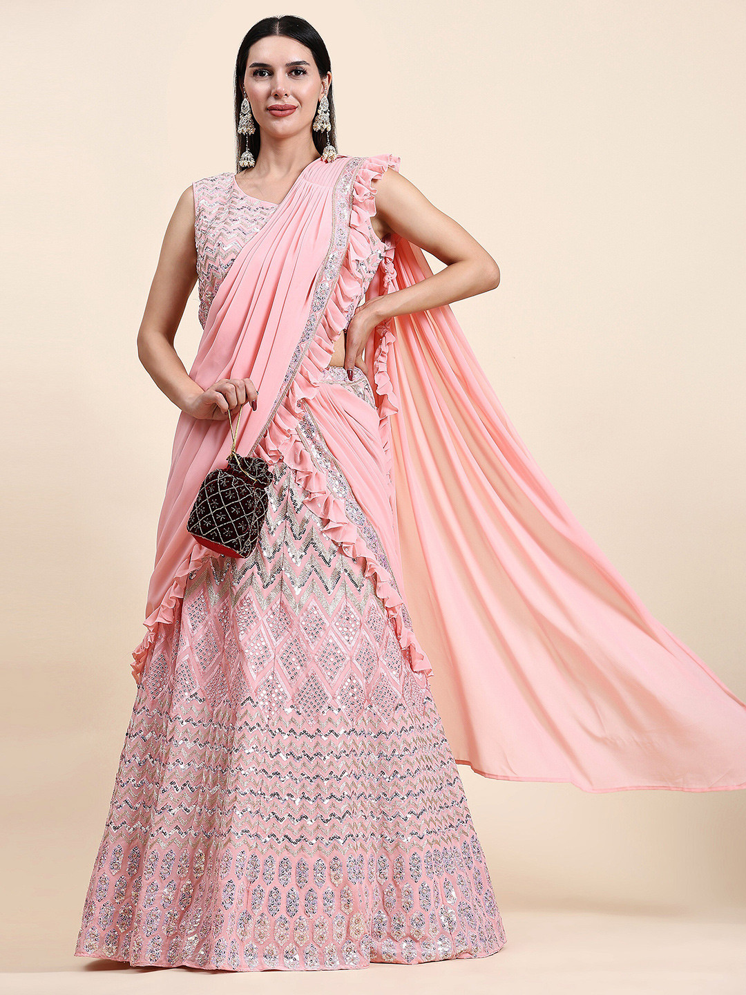

all about you Embellished Sequinned Ready to Wear Lehenga & Blouse With Dupatta, Pink