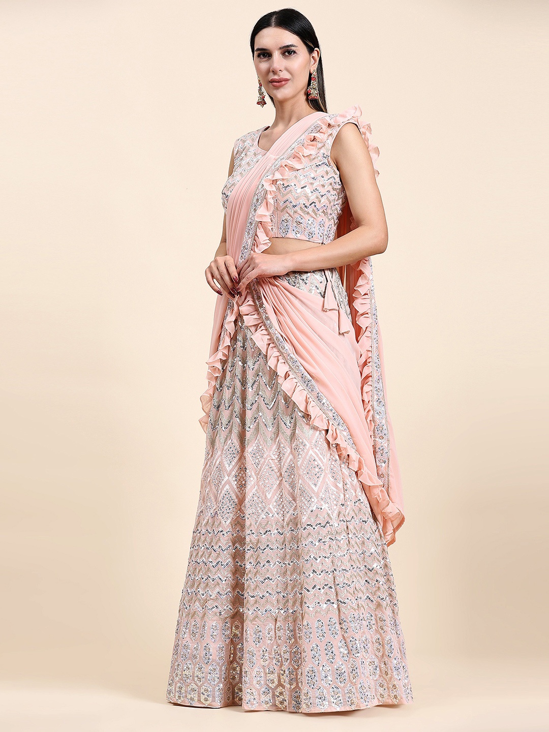 

all about you Embroidered Sequinned Ready to Wear Lehenga & Blouse With Dupatta, Peach