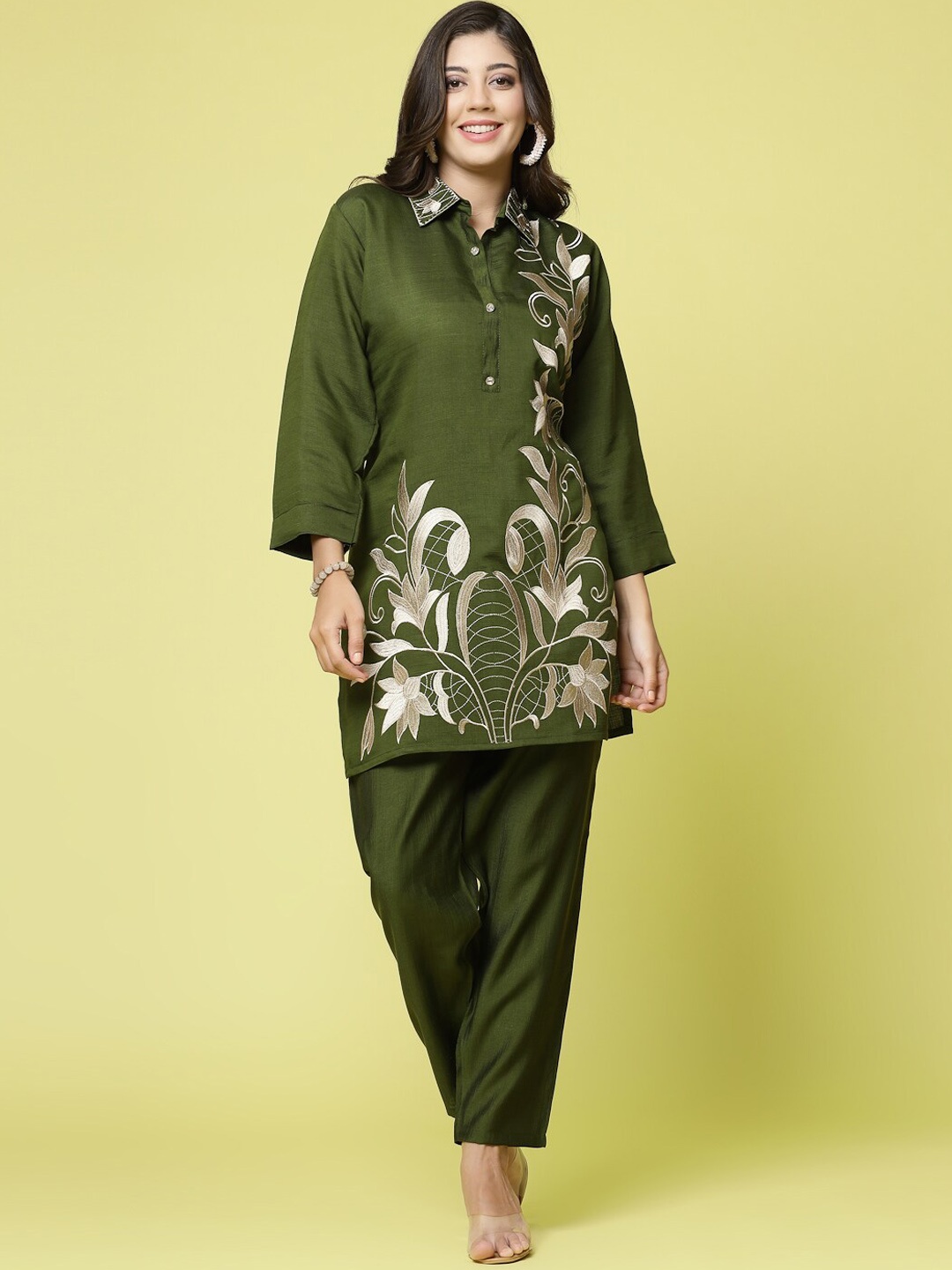 

Clora Creation Floral Embroidered Tunic With Trousers, Olive