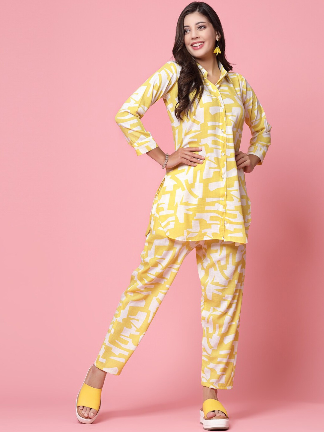 

Clora Creation Abstract Printed Shirt With Trousers, Yellow