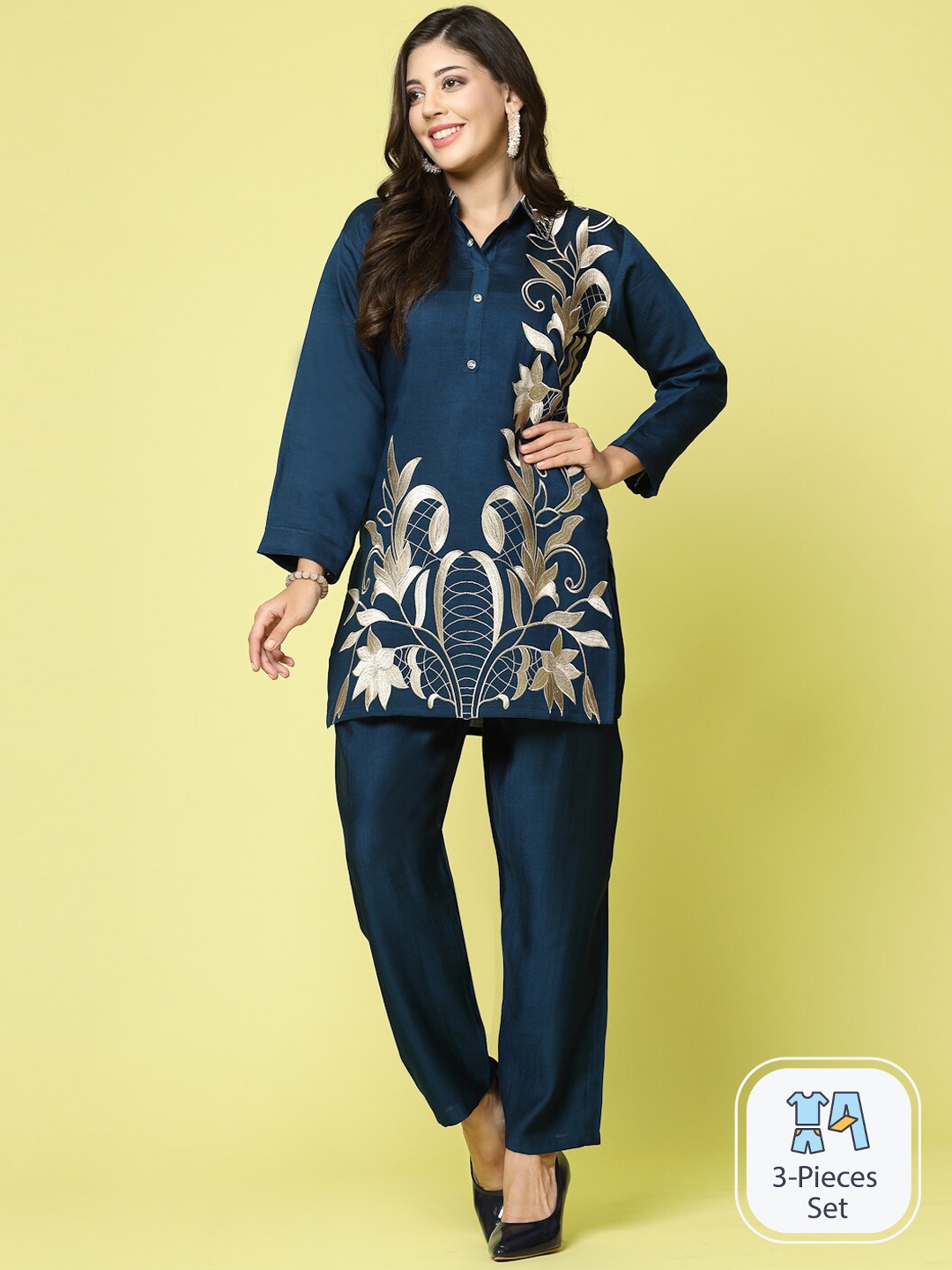 

Clora Creation Floral Embroidered Tunic With Trousers, Teal