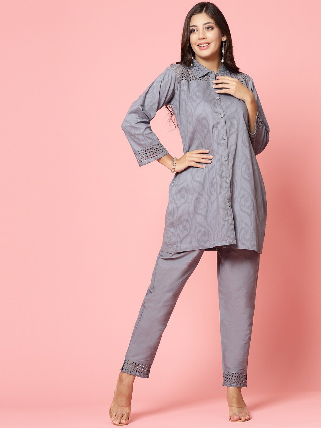 

Clora Creation Self Designed Pure Cotton Shirt With Trousers, Grey