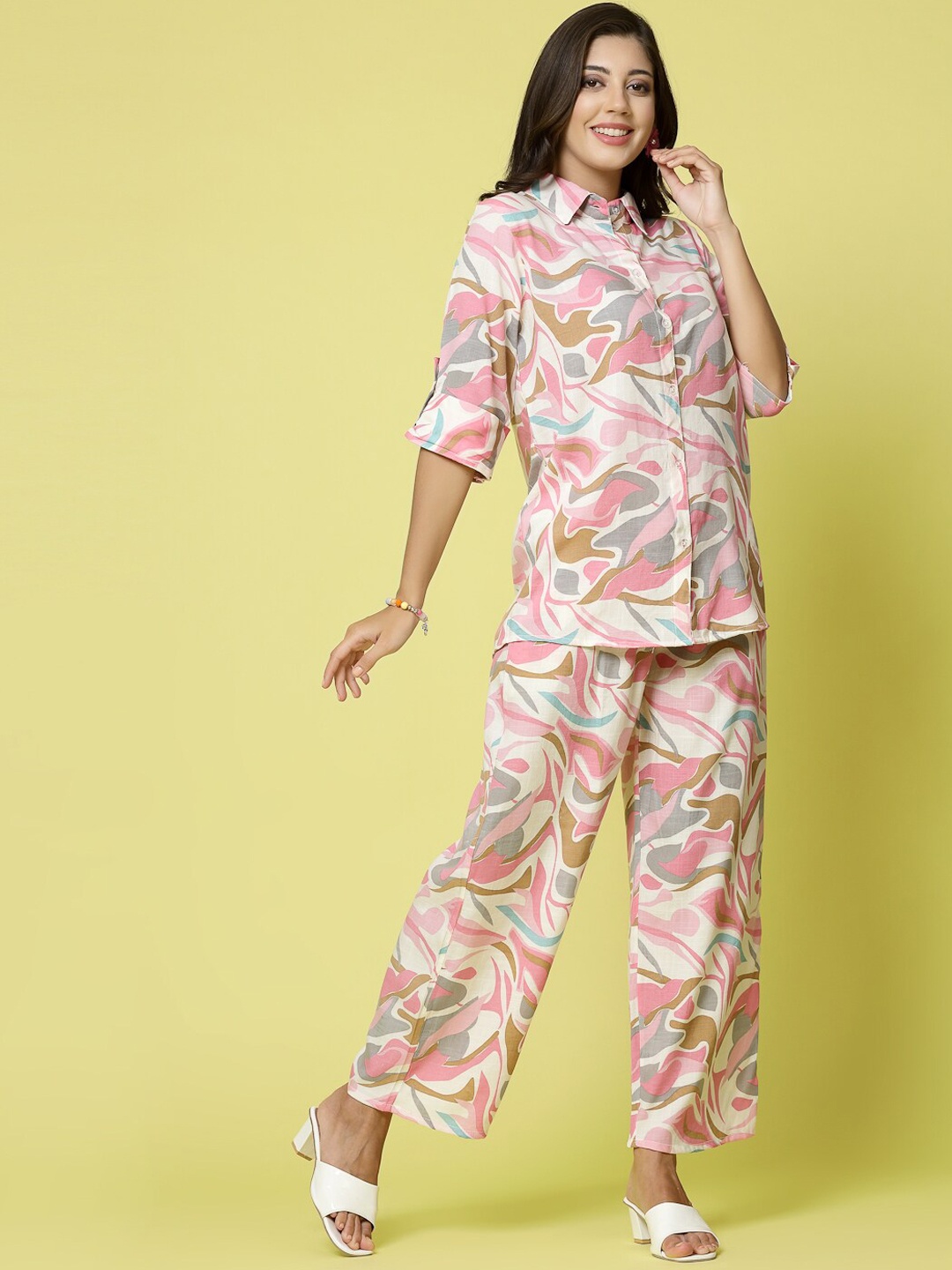 

Clora Creation Abstract Printed Shirt Collar Shirt & Palazzos, White