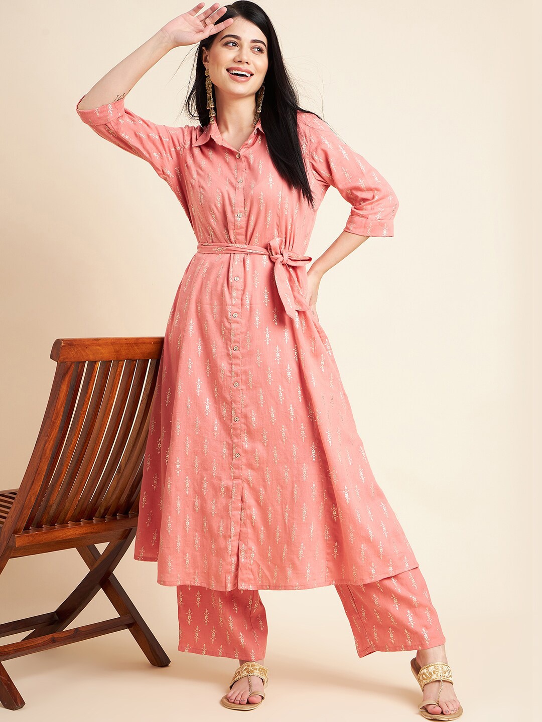 

Sangria Ethnic Motifs Printed Pure Cotton A-line Kurta With Palazzos, Peach