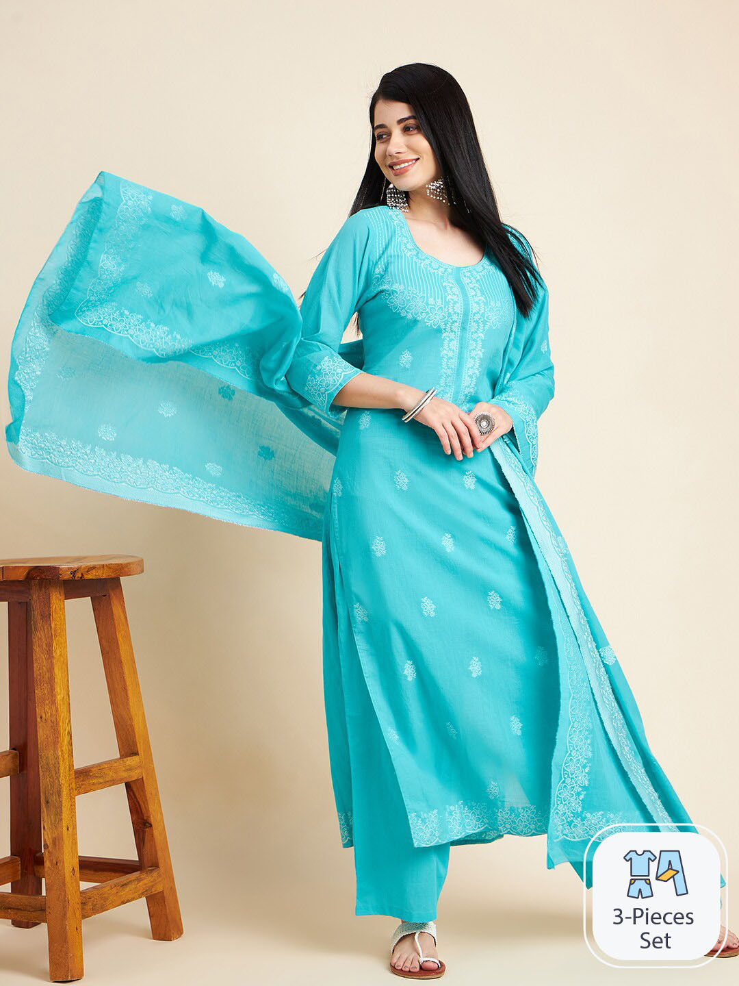 

Sangria Floral Printed Pure Cotton Straight Kurta With Palazzos & Dupatta, Blue